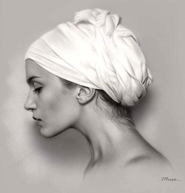 Musa Çelik照片品质的黑白和彩色肖像铅笔画