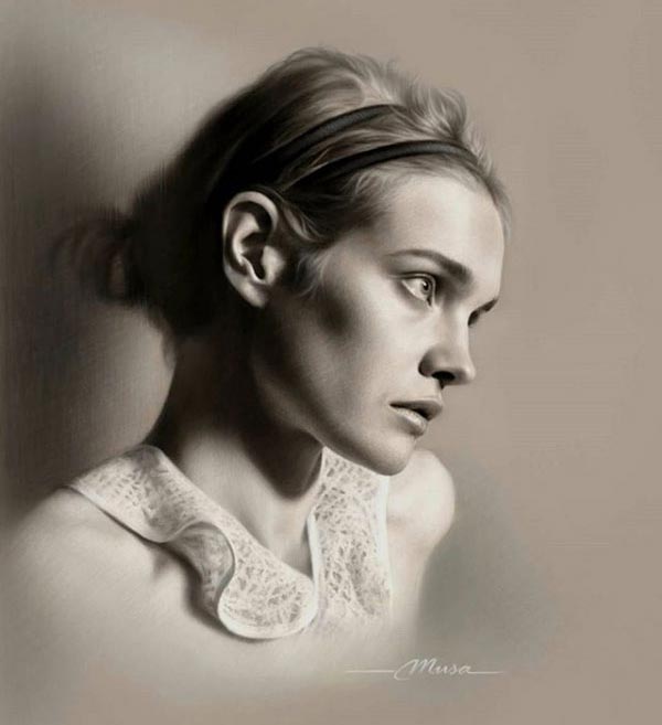 Musa Çelik照片品质的黑白和彩色肖像铅笔画