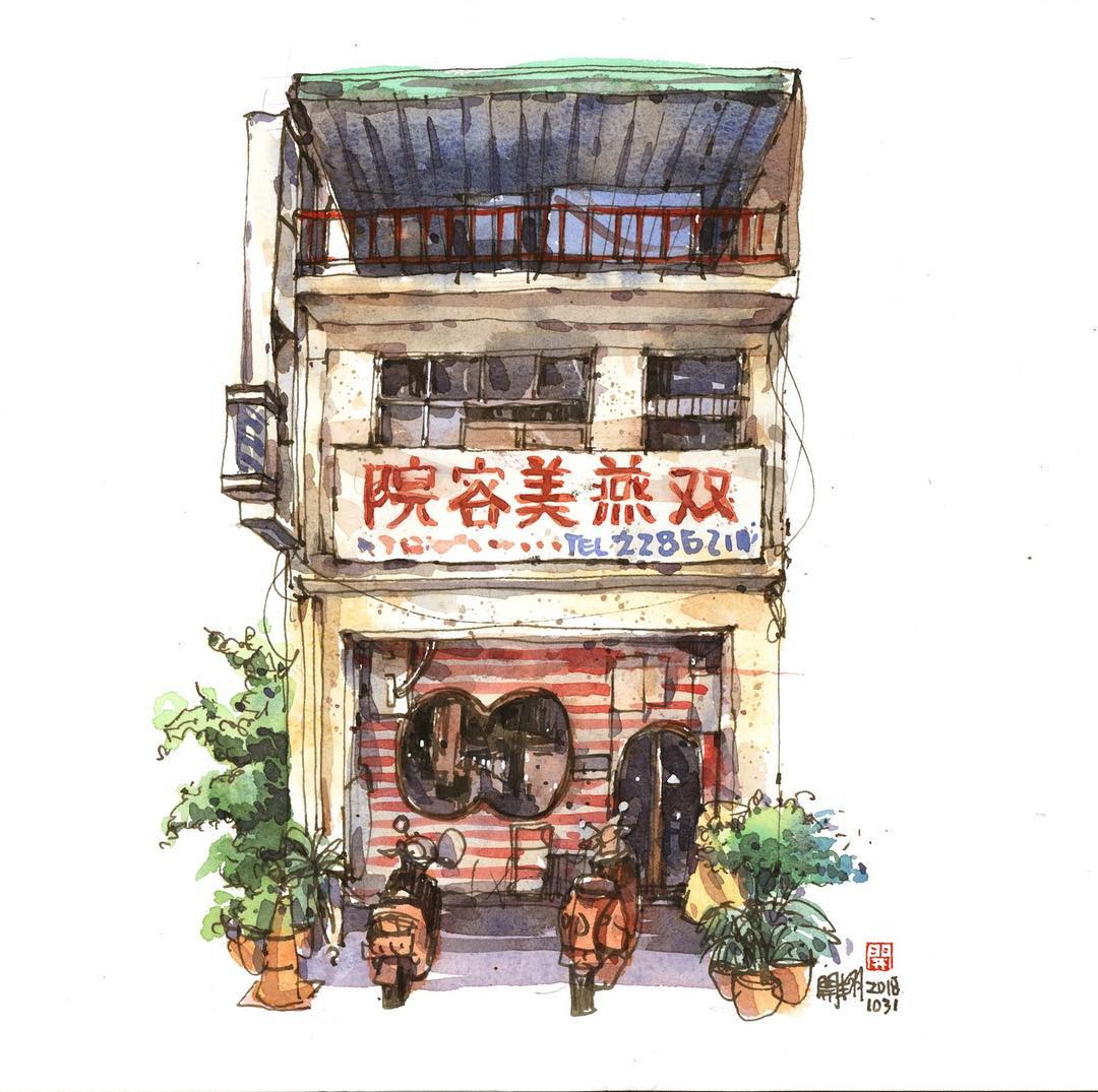 台湾画家郑开翔Cheng Kai-Hsiang城市街景写生作品