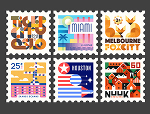 插画风格的世界城市主题邮票设计
