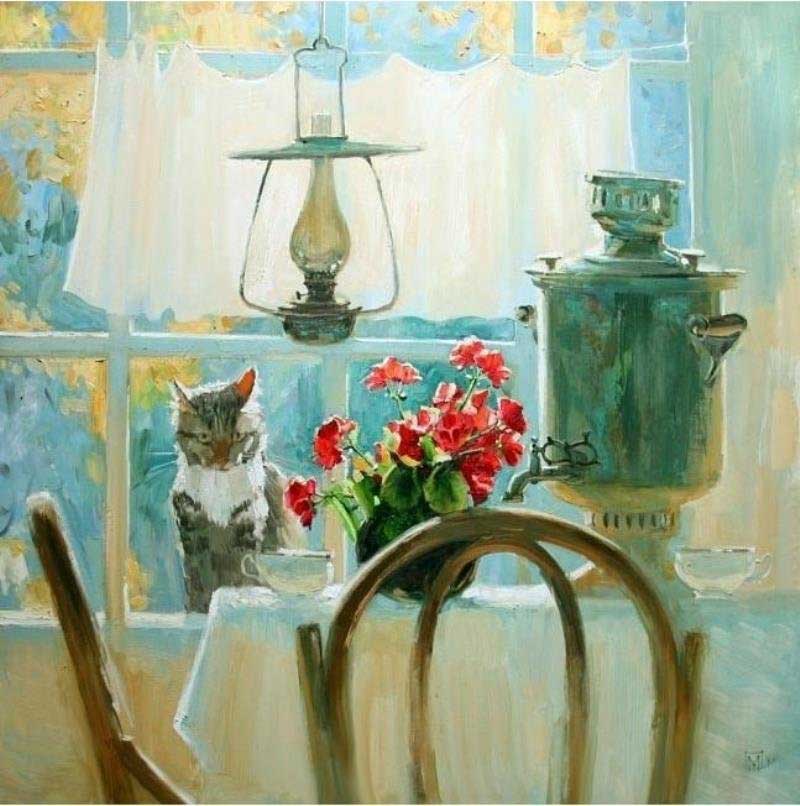 鲜亮的色彩，柔和的色调，Pavlova Maria印象派风格捕捉的可爱猫咪