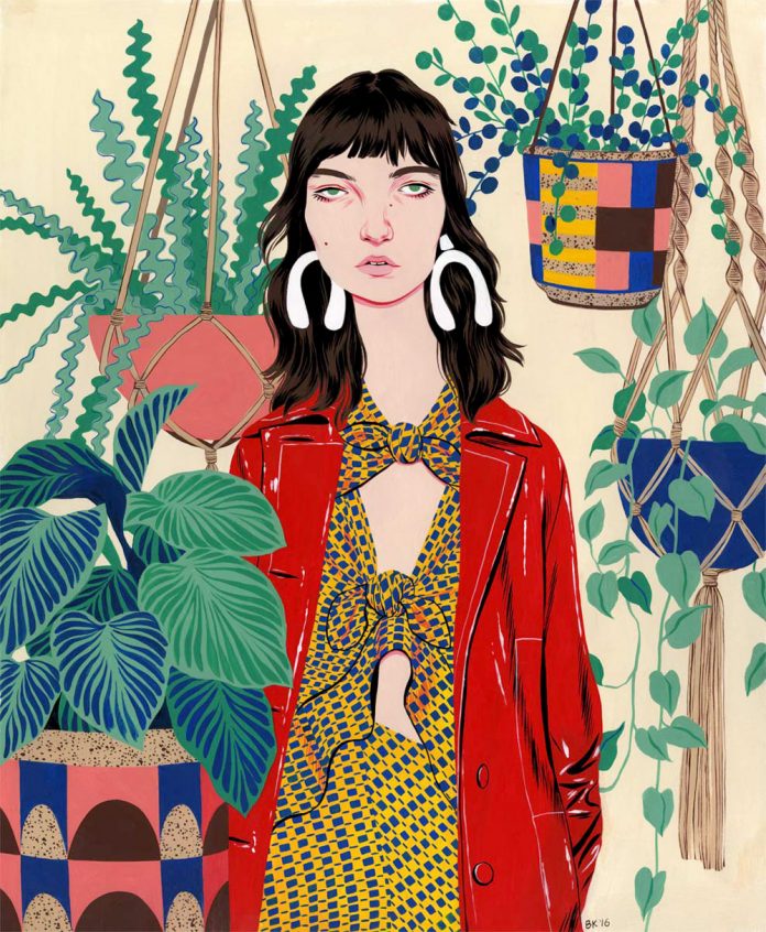 色彩，植物，柔美女人！Bijou Karman女性肖像插画