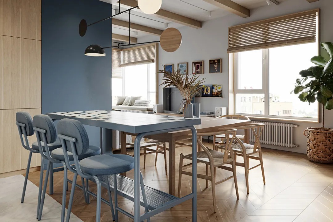木元素+粉蓝色！68m²清新活力，简约治愈的现代住宅设计