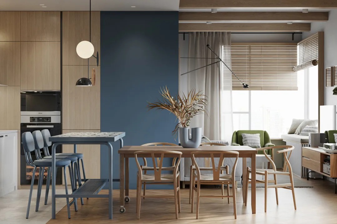 木元素+粉蓝色！68m²清新活力，简约治愈的现代住宅设计