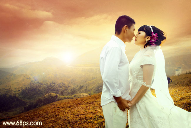 Photoshop给山景婚片增加漂亮的霞光色