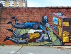 墙壁上的机器人：Pixel Pancho街头艺术作品