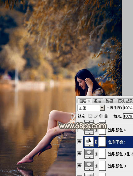 Photoshop给水边的美女图片加上暗调金秋色