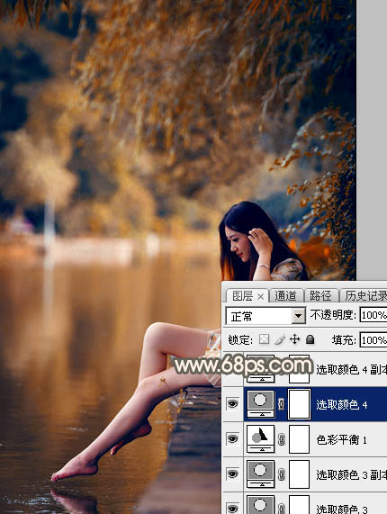 Photoshop给水边的美女图片加上暗调金秋色