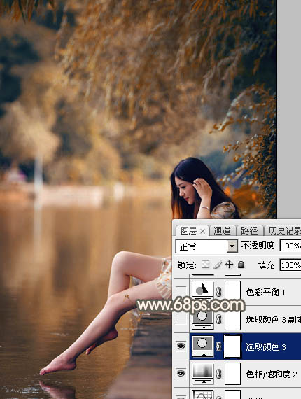 Photoshop给水边的美女图片加上暗调金秋色