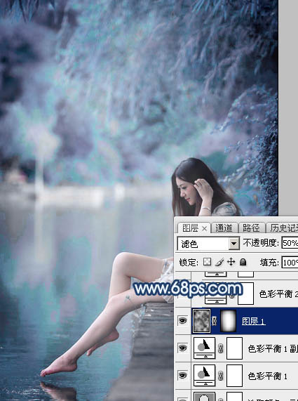 Photoshop打造唯美的蓝紫色江景美女图片