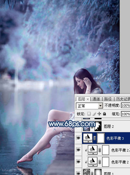 Photoshop打造唯美的蓝紫色江景美女图片