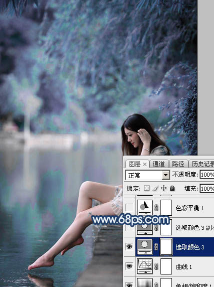 Photoshop打造唯美的蓝紫色江景美女图片