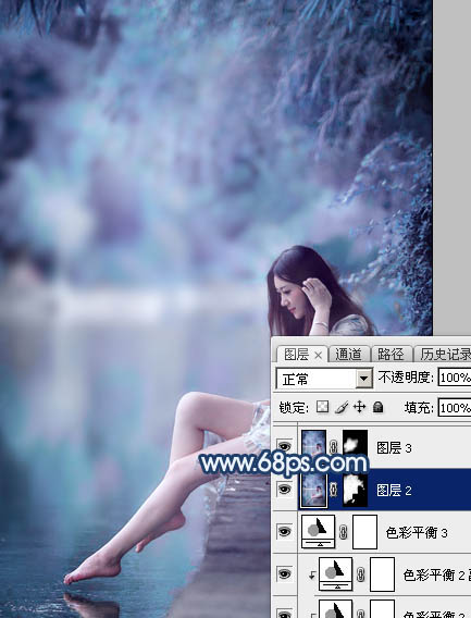 Photoshop打造唯美的蓝紫色江景美女图片