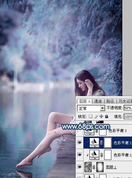 Photoshop打造唯美的蓝紫色江景美女图片