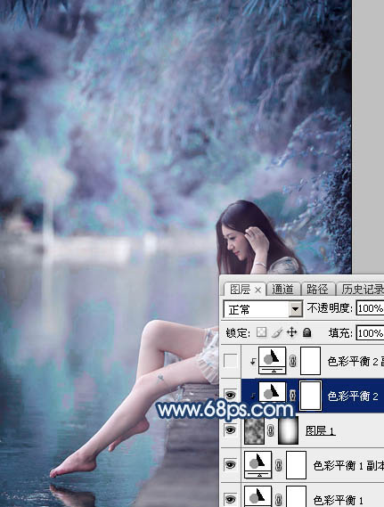 Photoshop打造唯美的蓝紫色江景美女图片