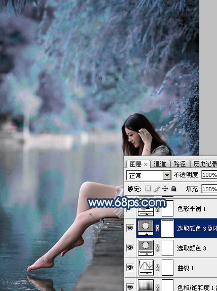 Photoshop打造唯美的蓝紫色江景美女图片