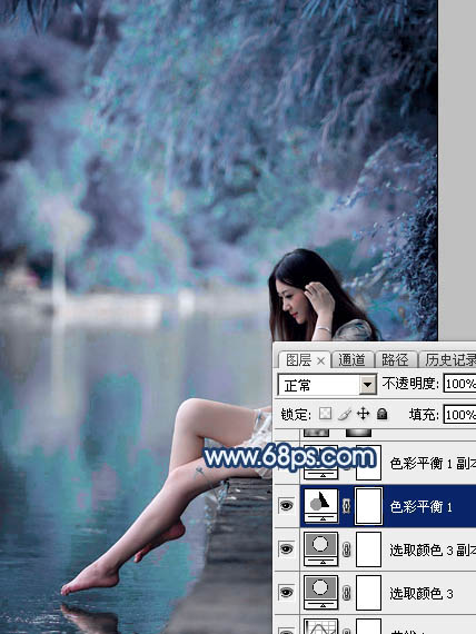 Photoshop打造唯美的蓝紫色江景美女图片