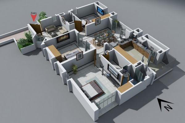 25个三居室户型装修3D布局效果图