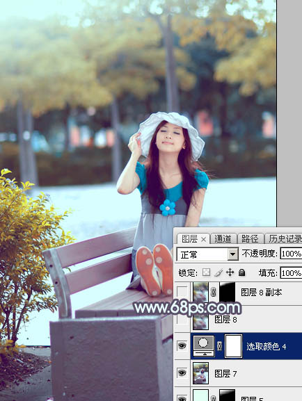 Photoshop将公园长凳上的美女图片调成秋季蓝黄色