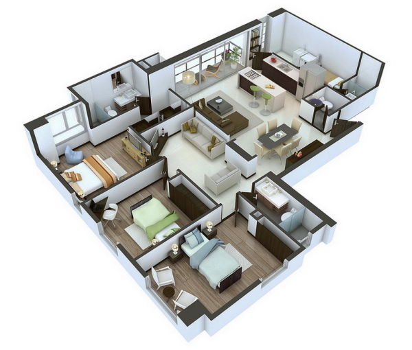 25个三居室户型3D布局效果图