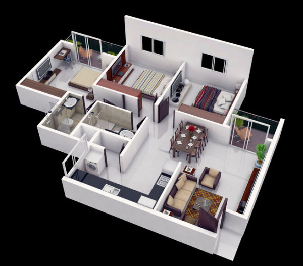25个三居室户型3D布局效果图
