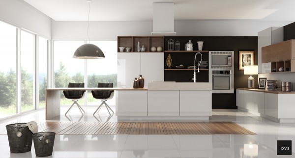 黑色,白色和木纹效果的时尚厨房设计