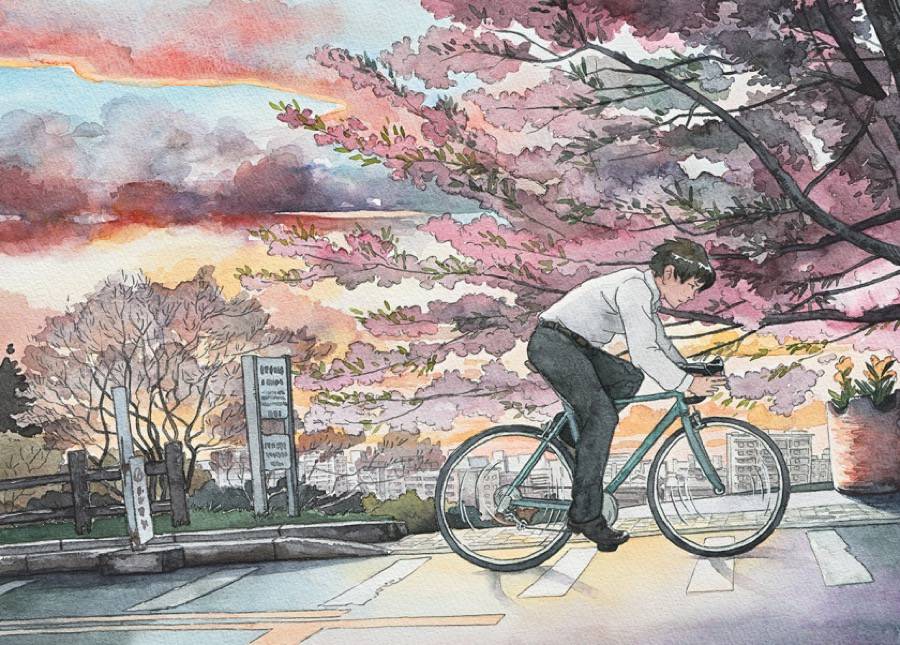 Mateusz Urbanowicz水彩插画作品:骑单车的男孩