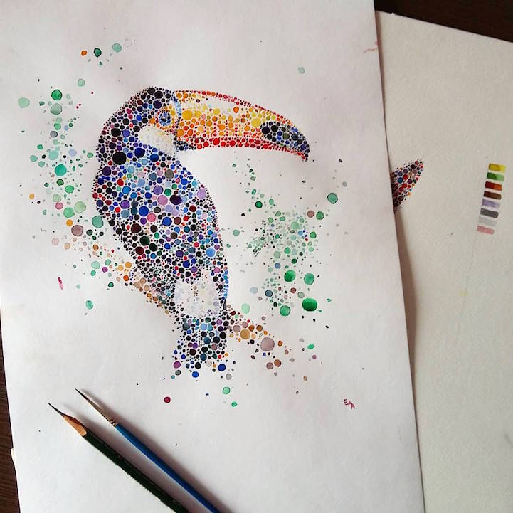 彩色点点构成的精致动物绘画作品