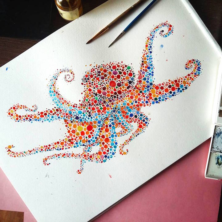 彩色点点构成的精致动物绘画作品