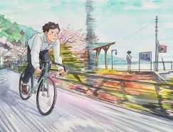 Mateusz Urbanowicz水彩插画作品:骑单车的男孩