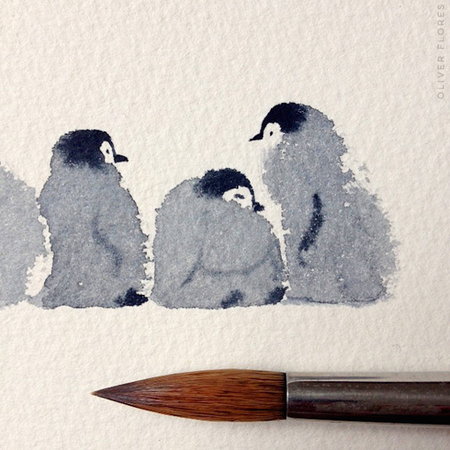 Oliver Flores可爱的企鹅水彩画欣赏