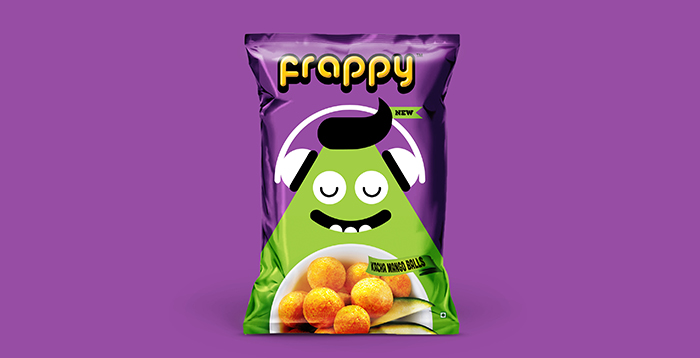 可爱卡通风格的Frappy膨化食品包装设计